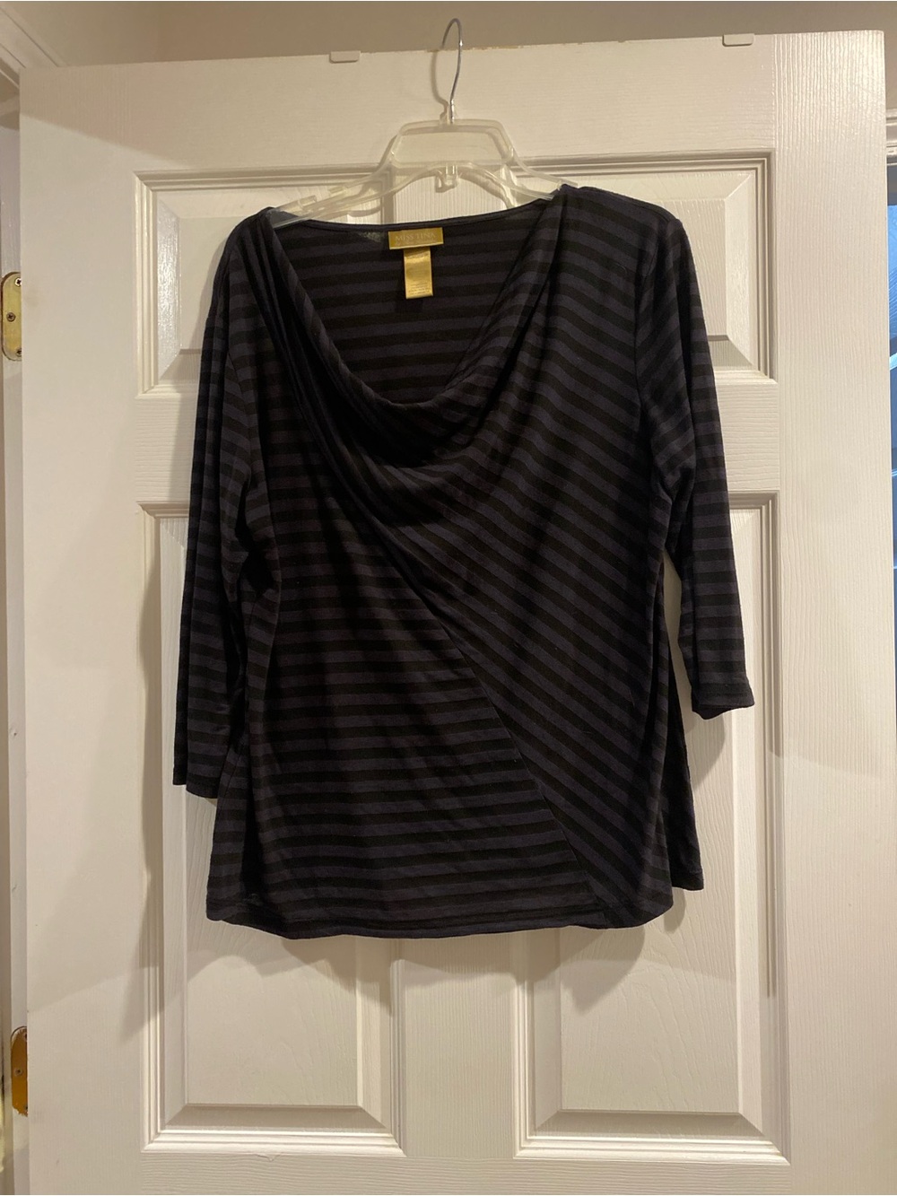 Miss Tina Black & Charcoal Striped Draped Neck Long Sleeve Top